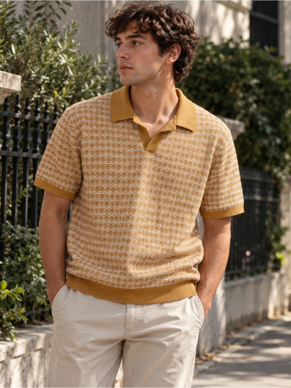 NEXT Men’s Knit Polo Shirt Size L Mustard Cream Textured Retro Mod